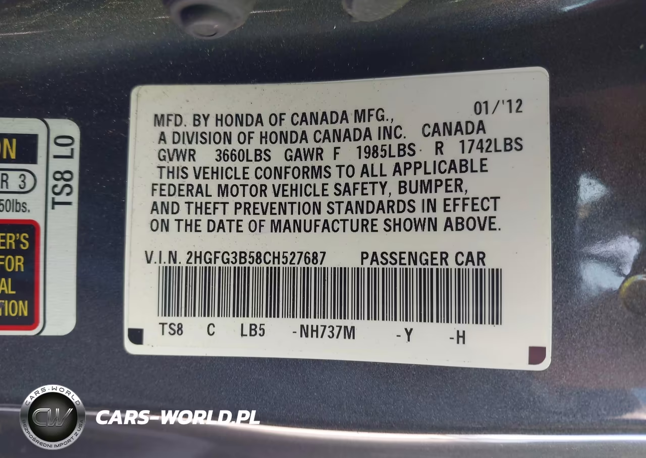 2012 Honda Civic Lx VIN:2HGFG3B58CH527687 - 9