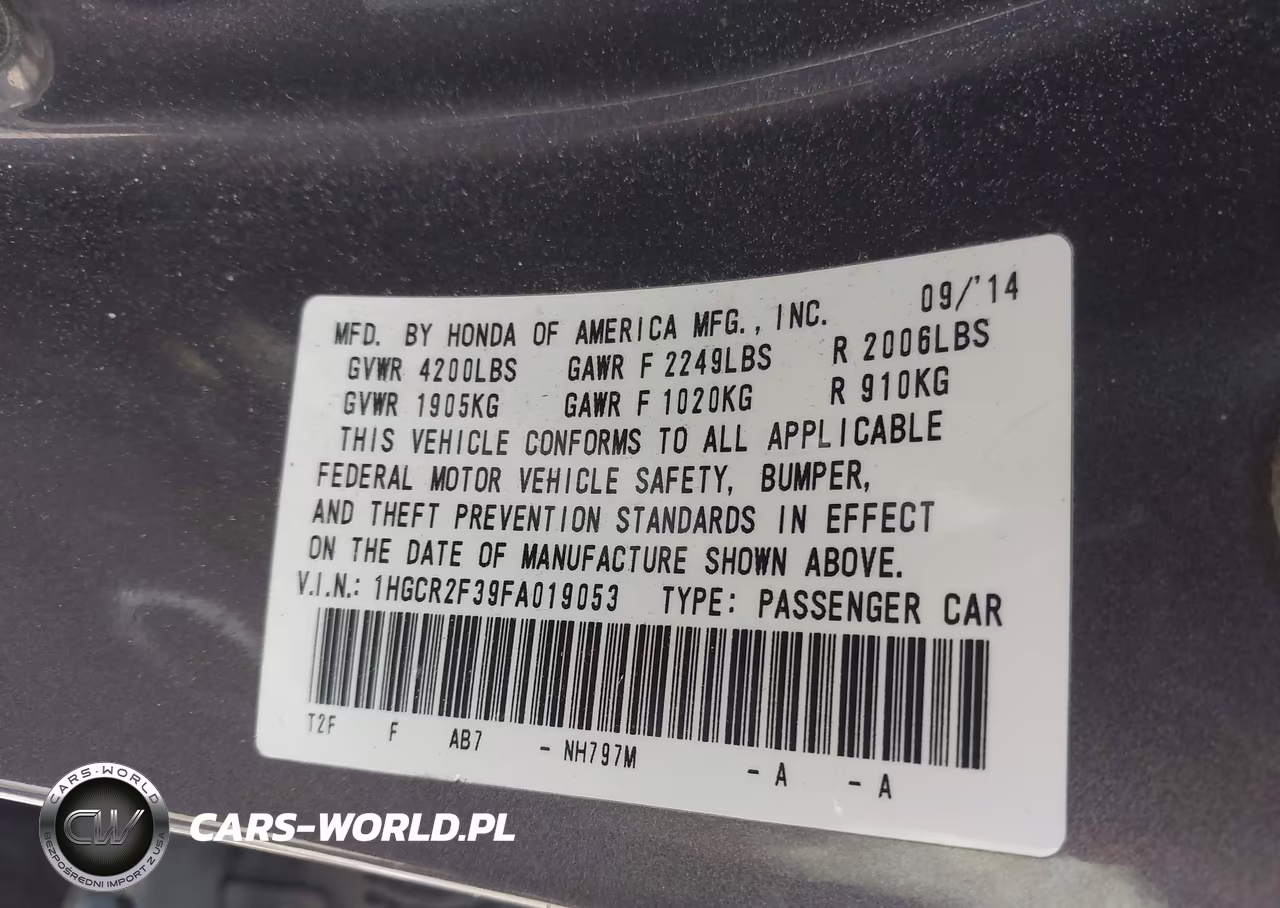 2015 Honda Accord Lx VIN:1HGCR2F39FA019053 - 9