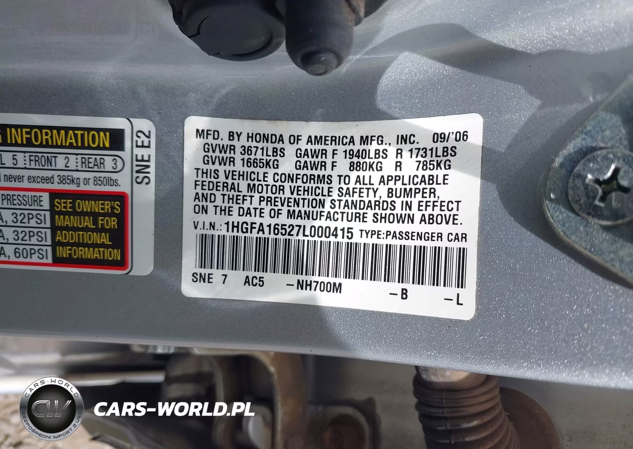 2007 Honda Civic Lx VIN:1HGFA16527L000415 - 9