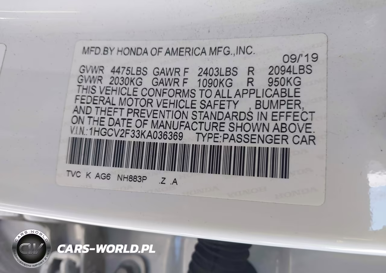 2019 Honda Accord Sport 2.0T VIN:1HGCV2F33KA036369 - 9