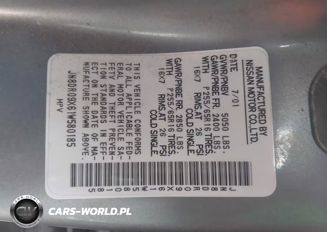 2001 Nissan Pathfinder Se VIN:JN8DR09X61W580185 - 9