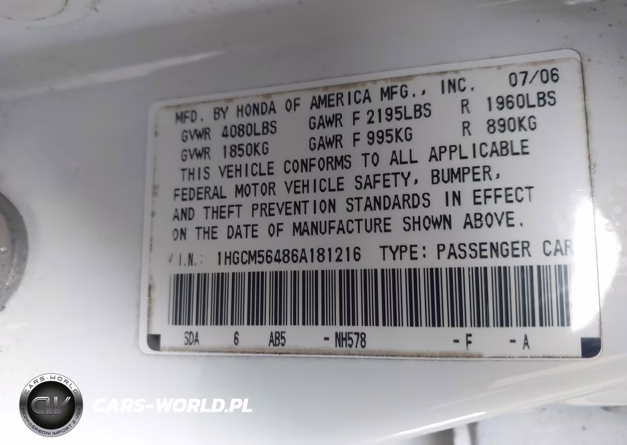 2006 Honda Accord 2.4 Lx VIN:1HGCM56486A181216 - 9