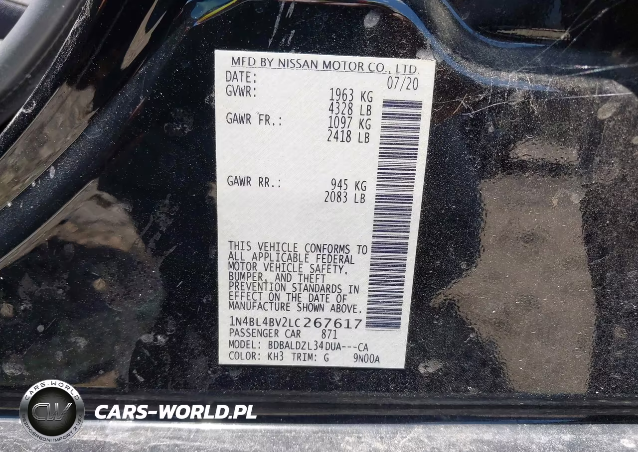 2020 Nissan Altima S Fwd VIN:1N4BL4BV2LC267617 - 9