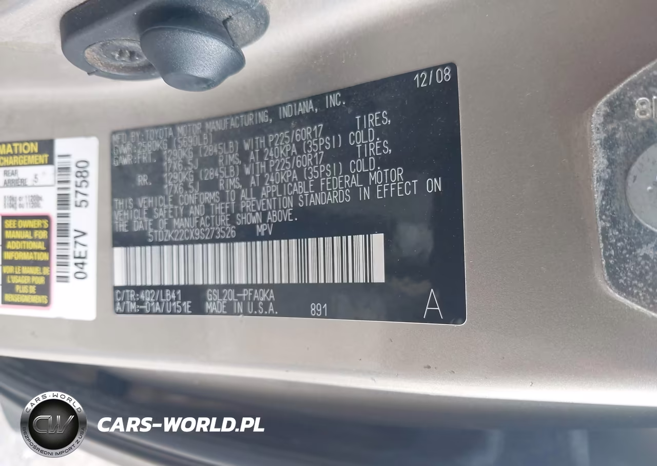2009 Toyota Sienna Xle VIN:5TDZK22CX9S273526 - 9