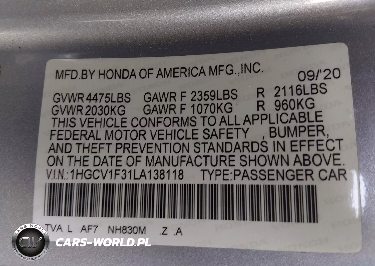 2020 Honda Accord Sport VIN:1HGCV1F31LA138118 - 9