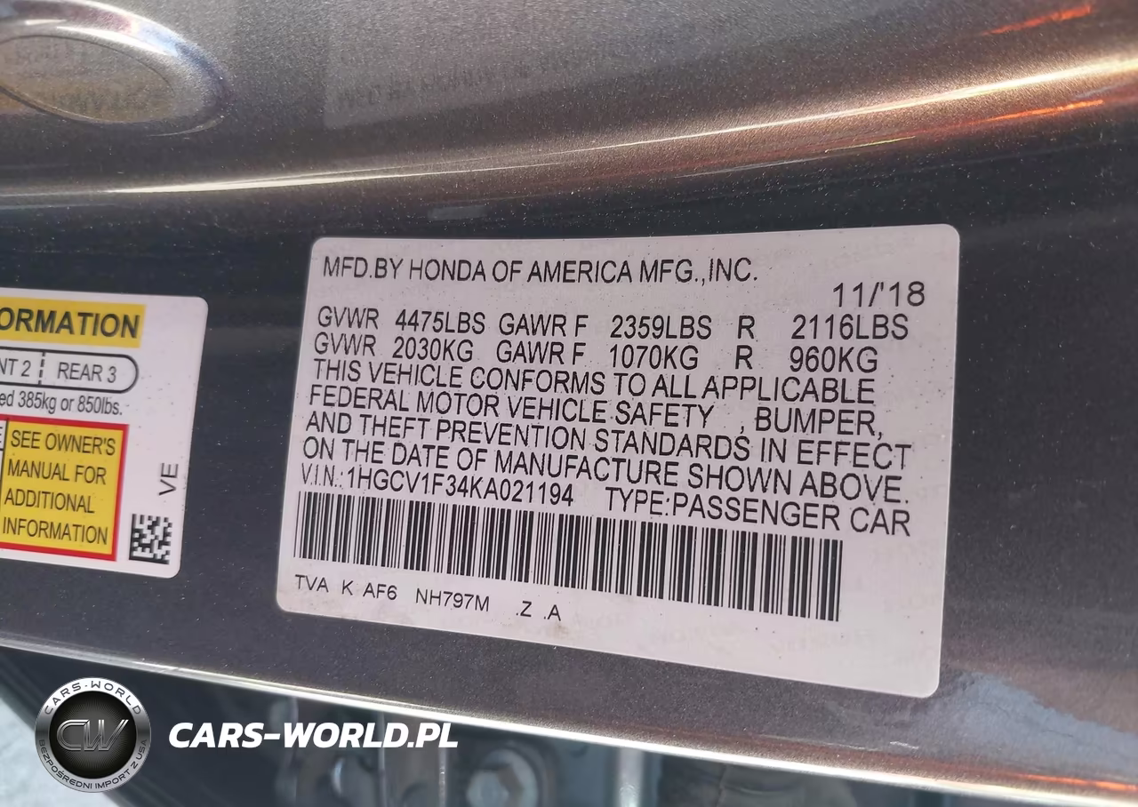2019 Honda Accord Sport VIN:1HGCV1F34KA021194 - 9