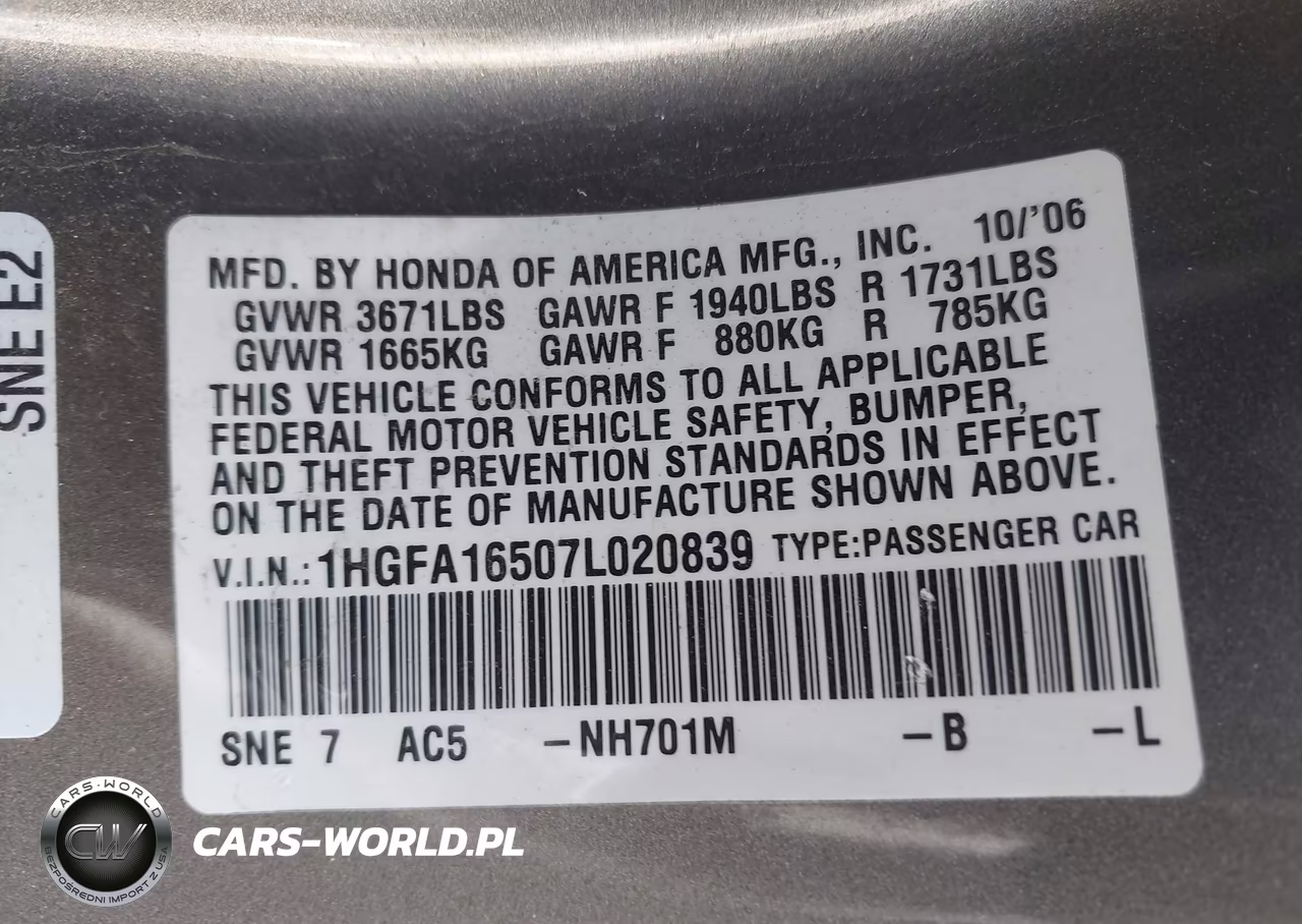 2007 Honda Civic Lx VIN:1HGFA16507L020839 - 9