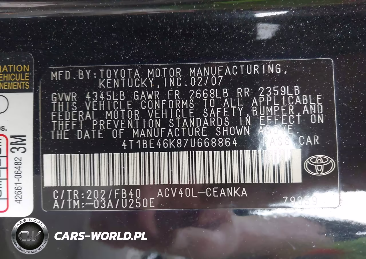 2007 Toyota Camry Le VIN:4T1BE46K87U668864 - 9