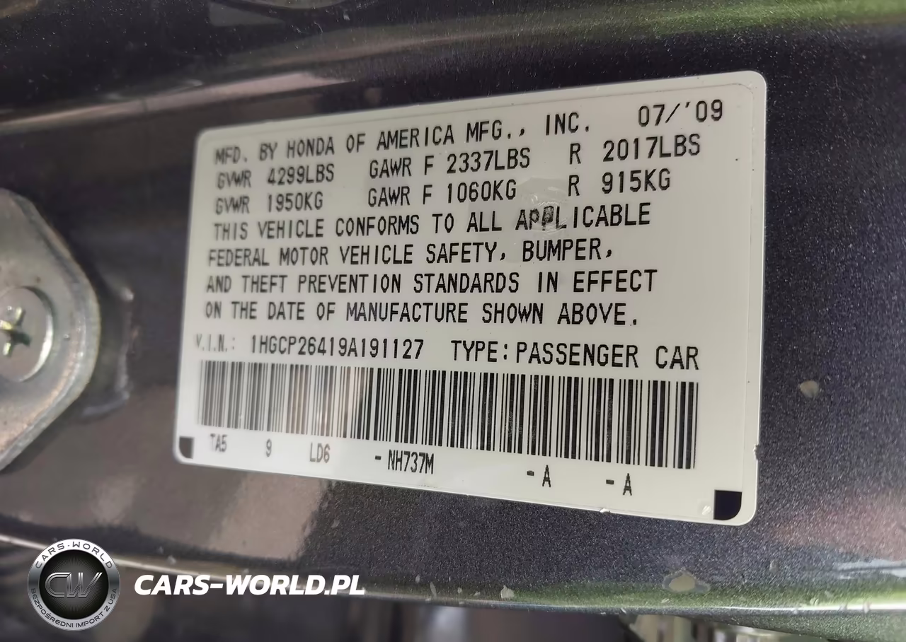 2009 Honda Accord 2.4 Lx-P VIN:1HGCP26419A191127 - 9
