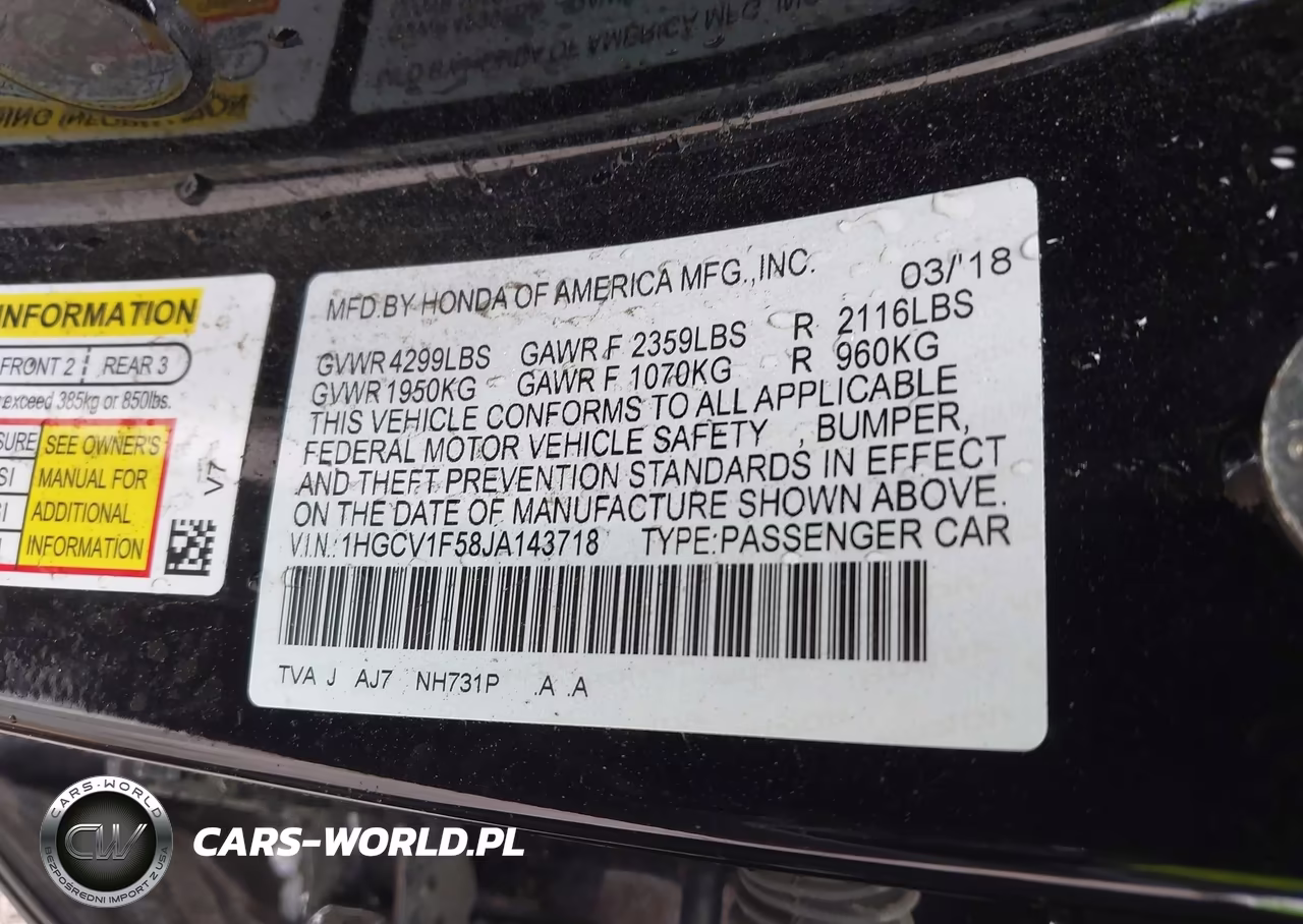 2018 Honda Accord Ex-L VIN:1HGCV1F58JA143718 - 9