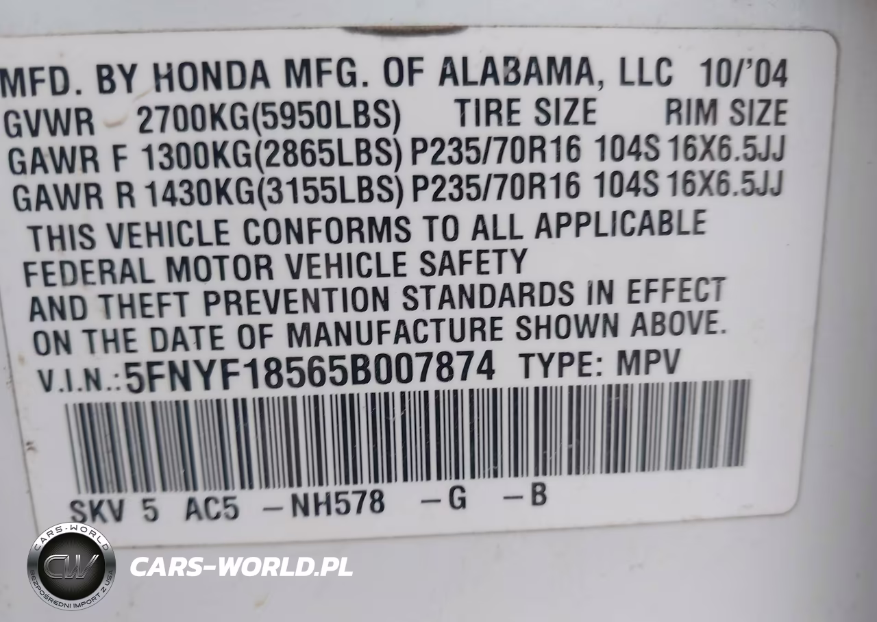 2005 Honda Pilot Ex-L VIN:5FNYF18565B007874 - 9