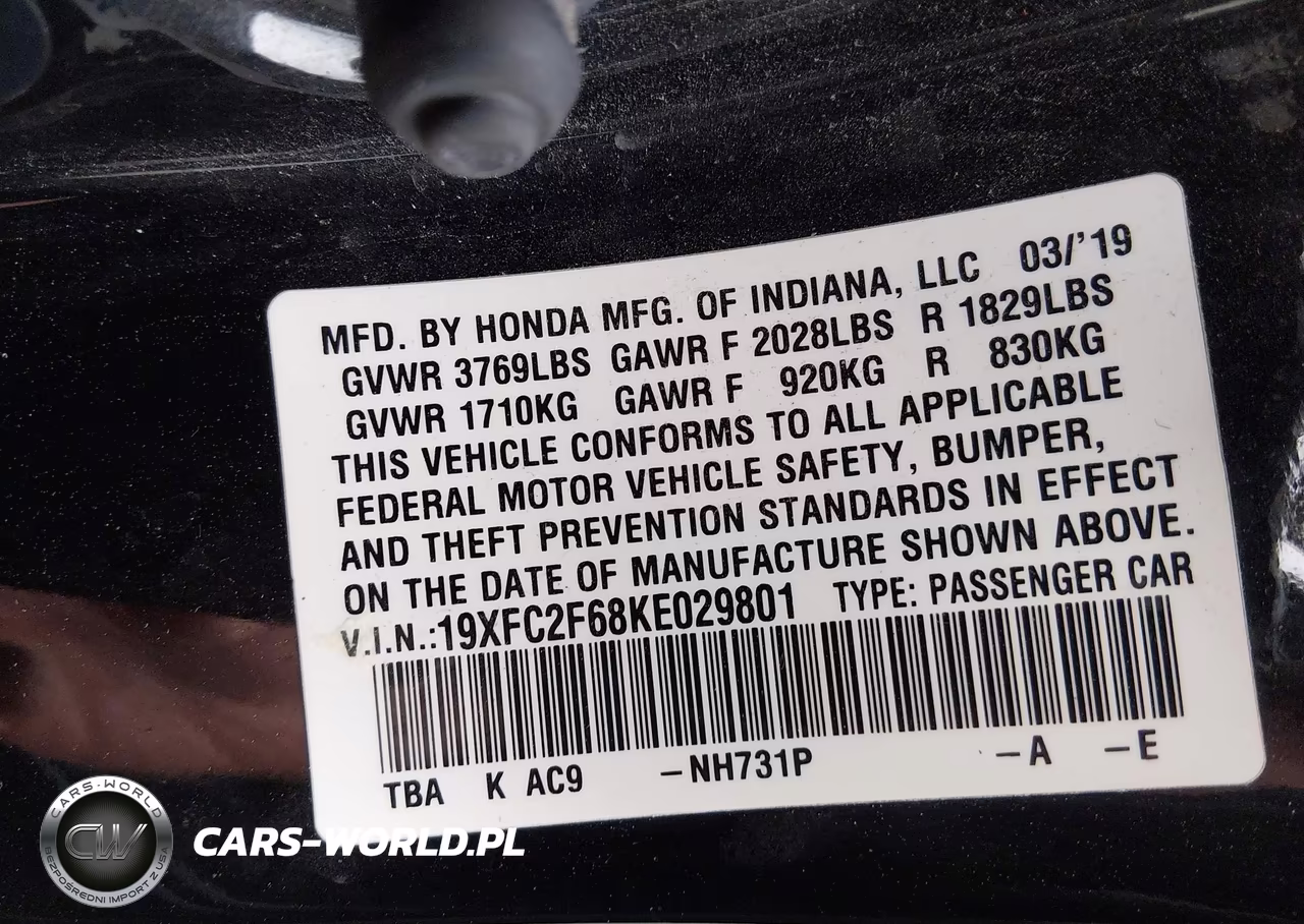 2019 Honda Civic Lx VIN:19XFC2F68KE029801 - 9