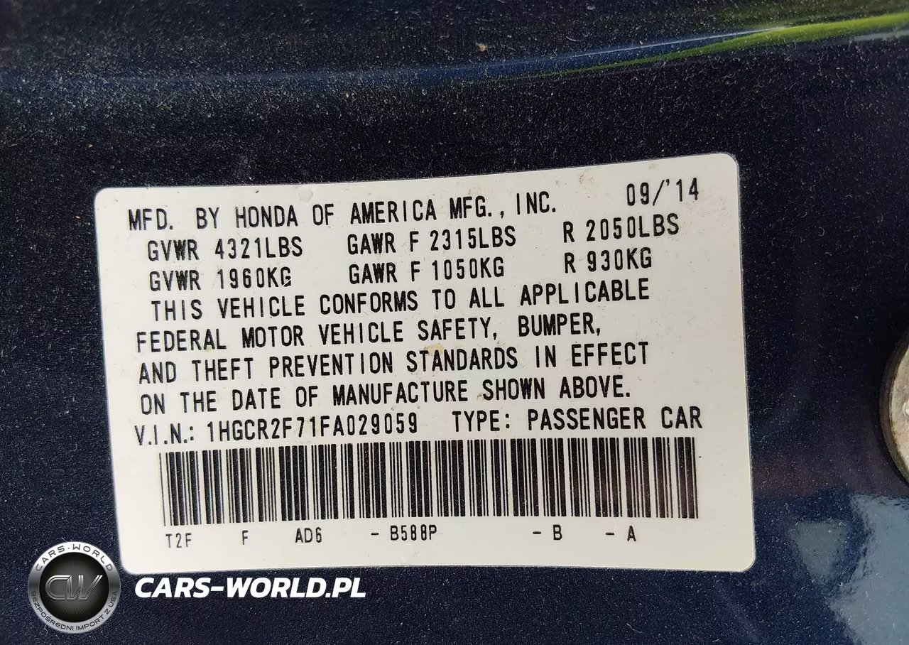 2015 Honda Accord Ex VIN:1HGCR2F71FA029059 - 9