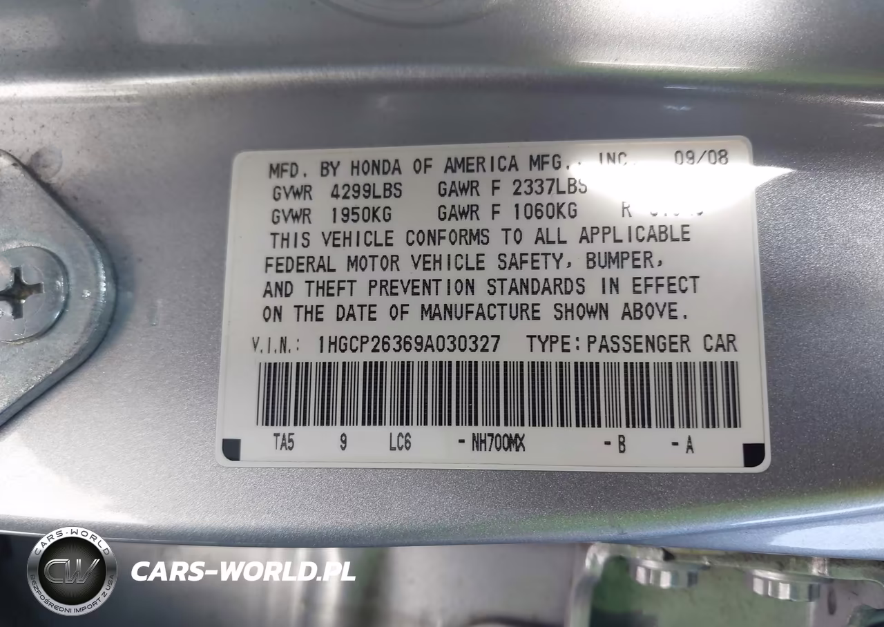 2009 Honda Accord 2.4 Lx VIN:1HGCP26369A030327 - 9