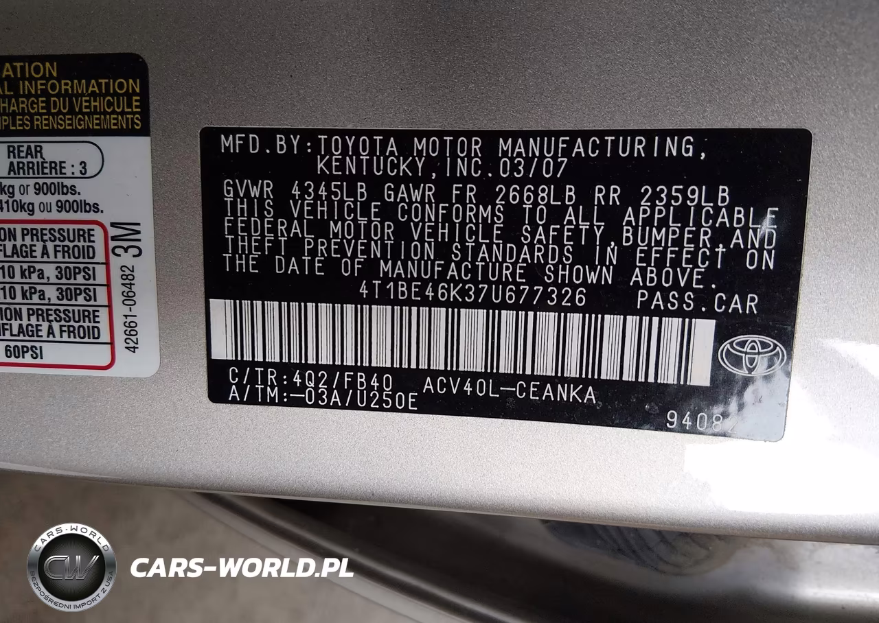 2007 Toyota Camry Le VIN:4T1BE46K37U677326 - 9