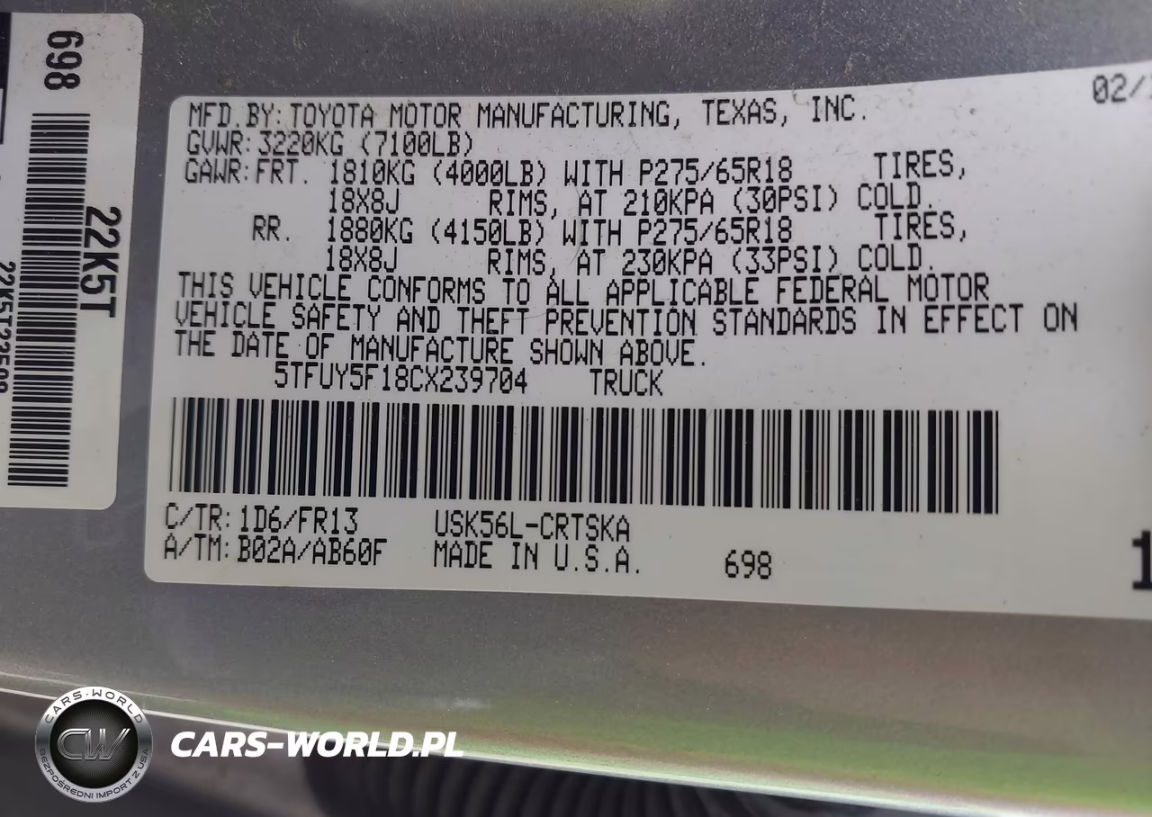 2012 Toyota Tundra Grade 5.7L V8 VIN:5TFUY5F18CX239704 - 9