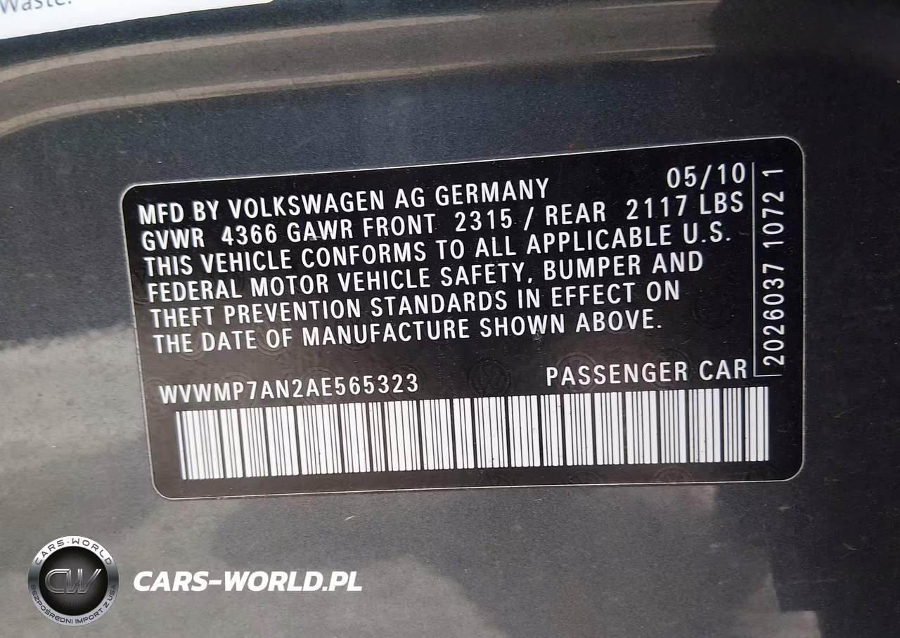 2010 Volkswagen Cc Sport VIN:WVWMP7AN2AE565323 - 9