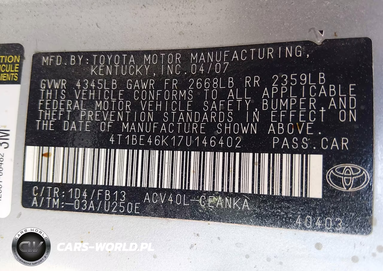 2007 Toyota Camry Le VIN:4T1BE46K17U146402 - 9