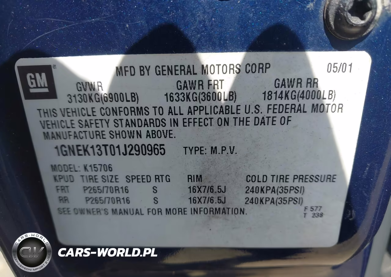 2001 Chevrolet Tahoe Ls VIN:1GNEK13T01J290965 - 9