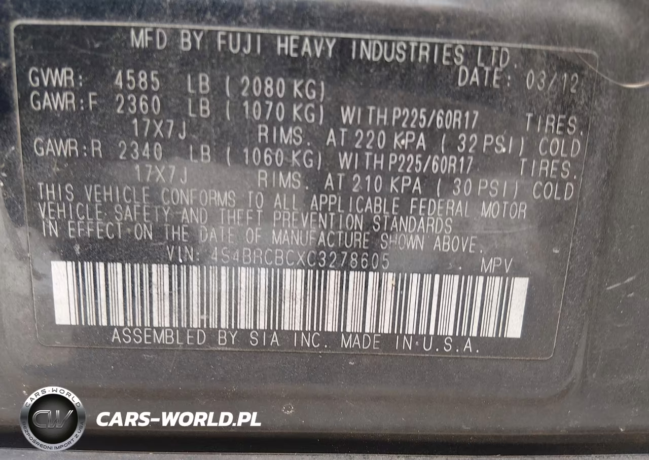 2012 Subaru Outback 2.5I Premium VIN:4S4BRCBCXC3278605 - 9