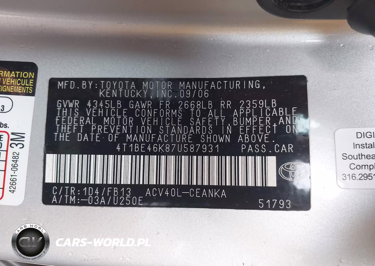 2007 Toyota Camry Le VIN:4T1BE46K87U587931 - 9