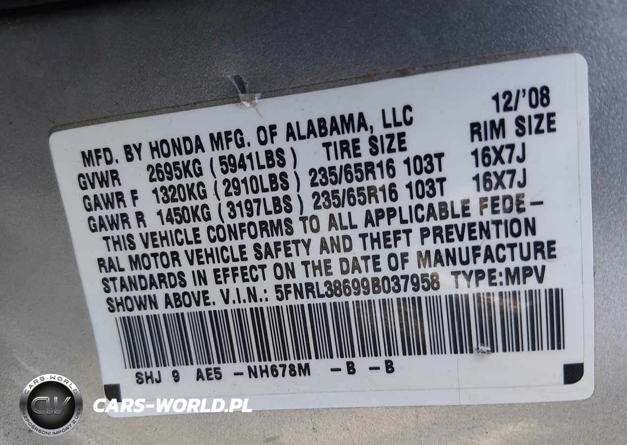 2009 Honda Odyssey Ex-L VIN:5FNRL38699B037958 - 9