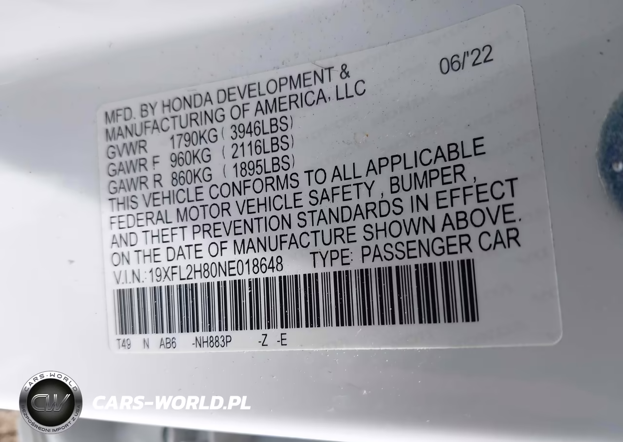 2022 Honda Civic Sport VIN:19XFL2H80NE018648 - 9