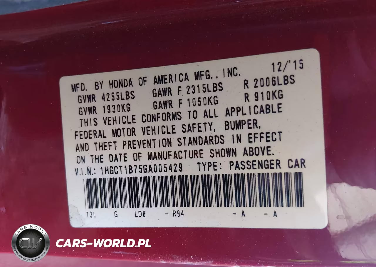 2016 Honda Accord Ex VIN:1HGCT1B75GA005429 - 9