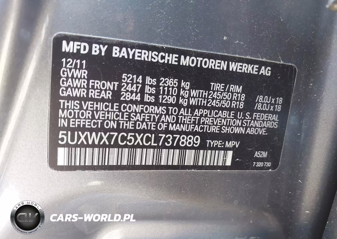 2012 BMW X3 xDrive35I VIN:5UXWX7C5XCL737889 - 9