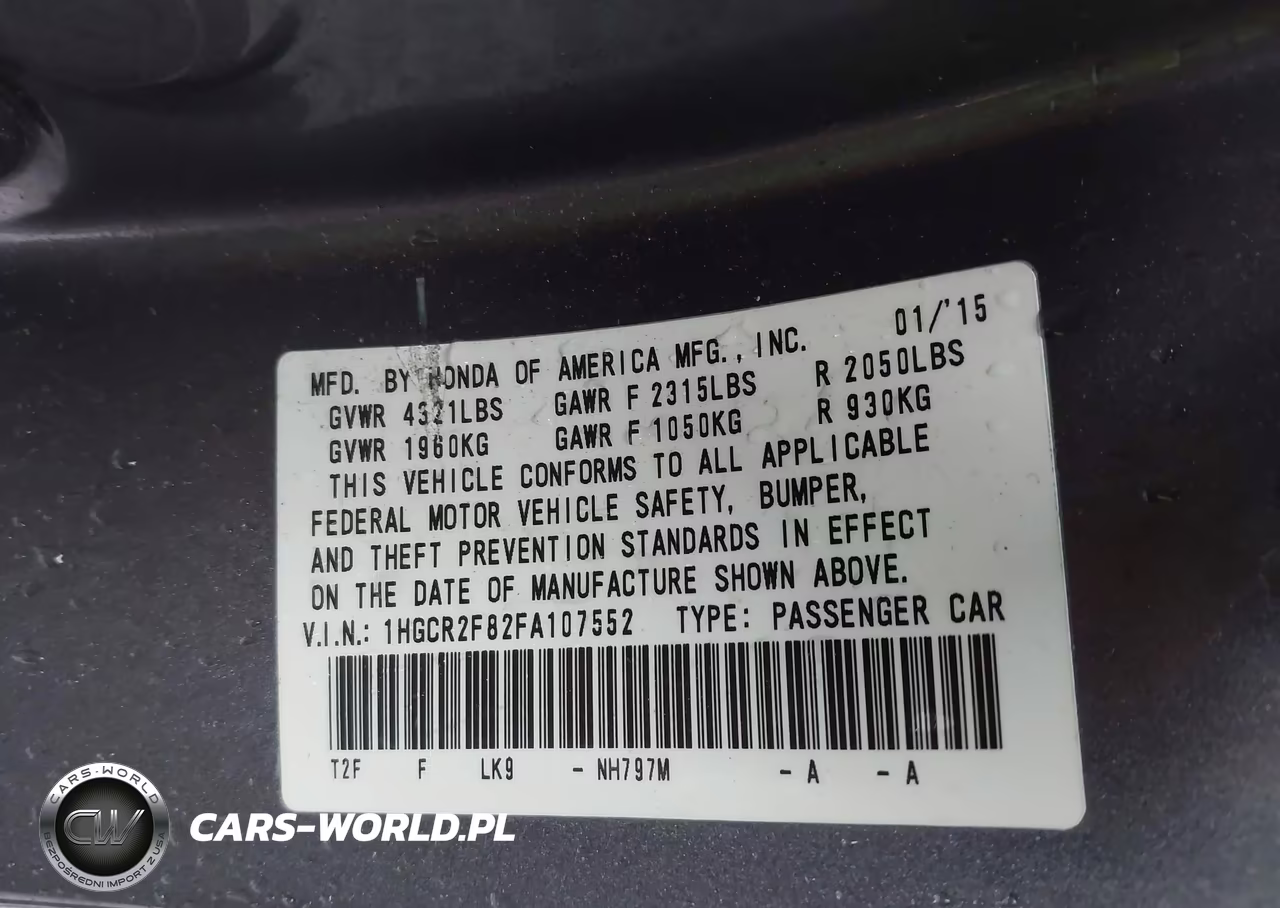 2015 Honda Accord Ex-L VIN:1HGCR2F82FA107552 - 9