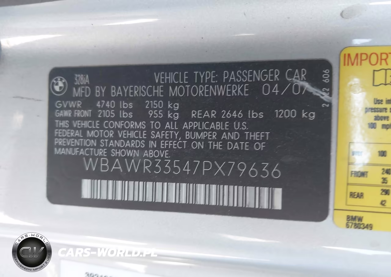 2007 BMW 328I VIN:WBAWR33547PX79636 - 9