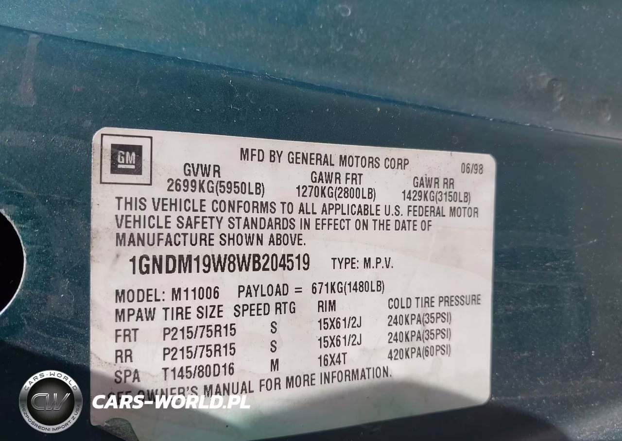 1998 Chevrolet Astro VIN:1GNDM19W8WB204519 - 9
