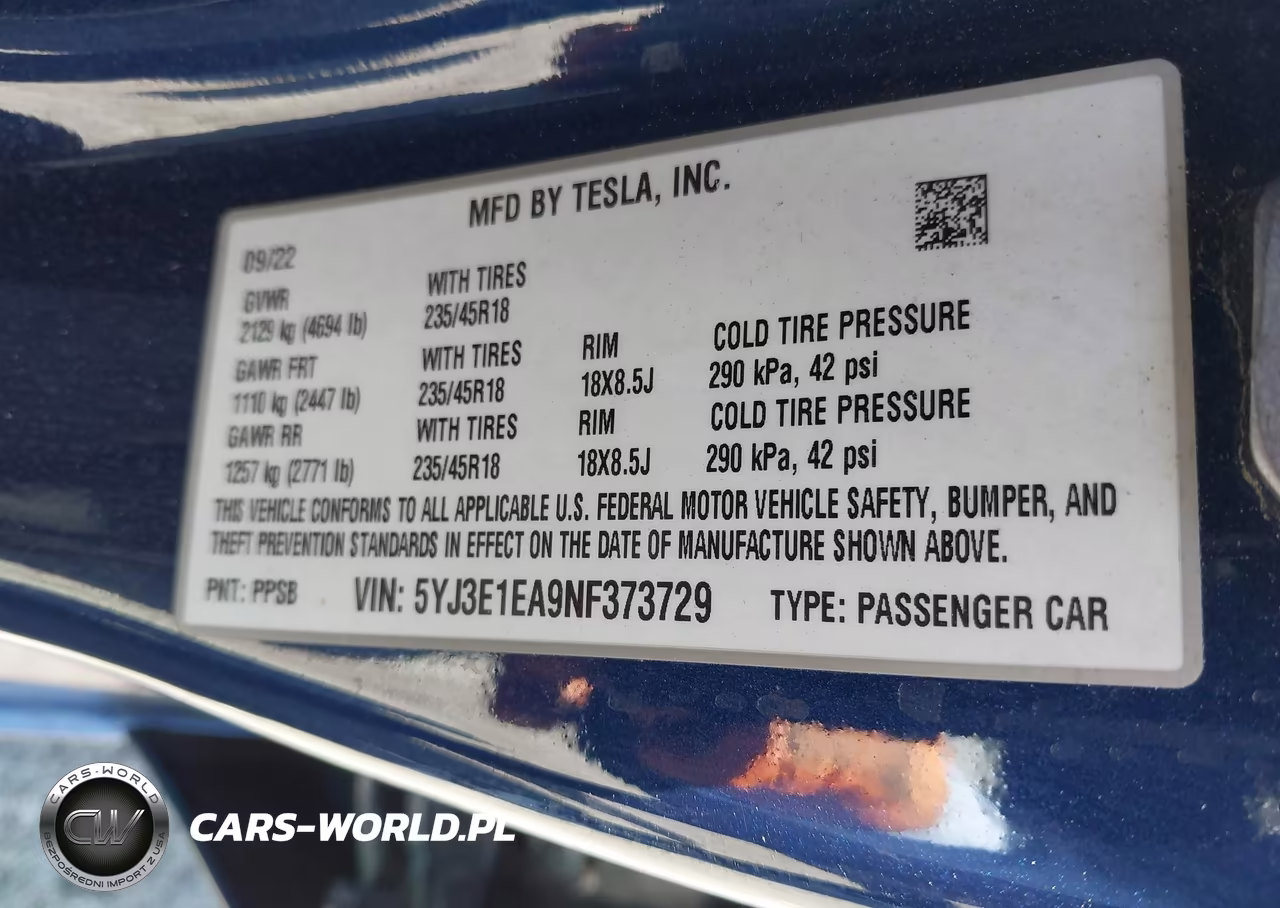 2022 Tesla Model 3 Rear-Wheel Drive VIN:5YJ3E1EA9NF373729 - 9