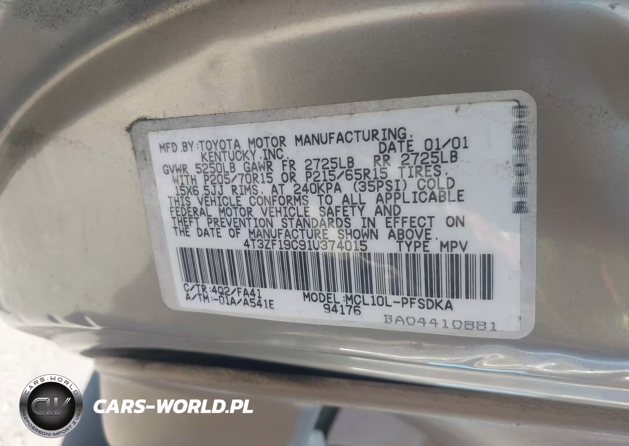 2001 Toyota Sienna Ce VIN:4T3ZF19C91U374015 - 9