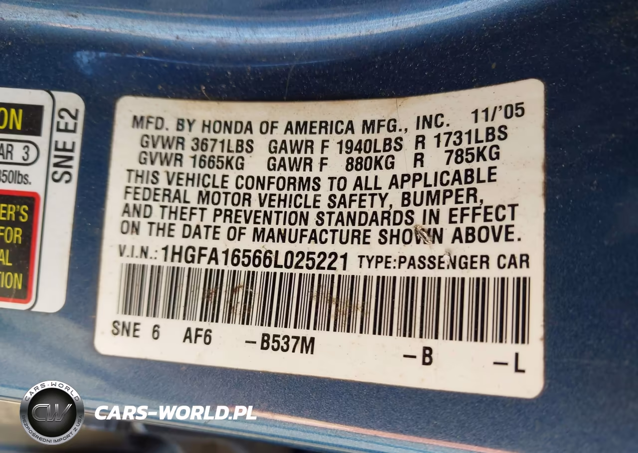 2006 Honda Civic Lx VIN:1HGFA16566L025221 - 9