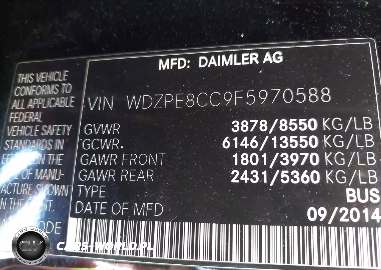 2015 Mercedes-Benz Sprinter 2500 High Roof VIN:WDZPE8CC9F5970588 - 9