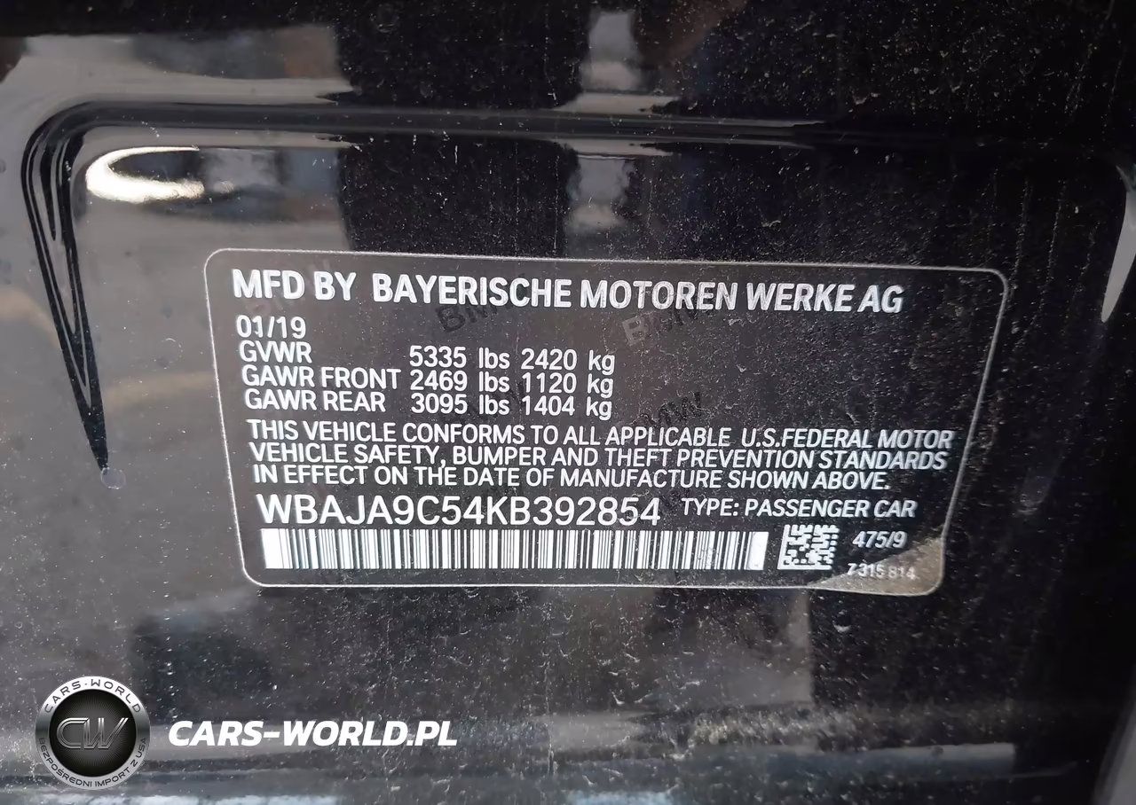 2019 BMW 530E Iperformance VIN:WBAJA9C54KB392854 - 9