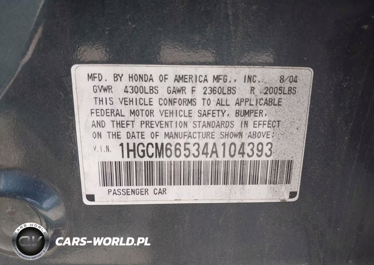 2004 Honda Accord 3.0 Ex VIN:1HGCM66534A104393 - 9