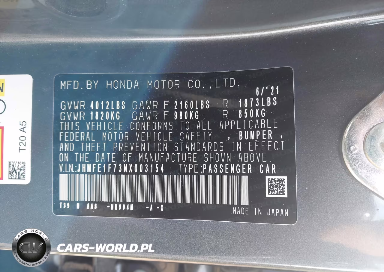 2022 Honda Civic Ex VIN:JHMFE1F73NX003154 - 9