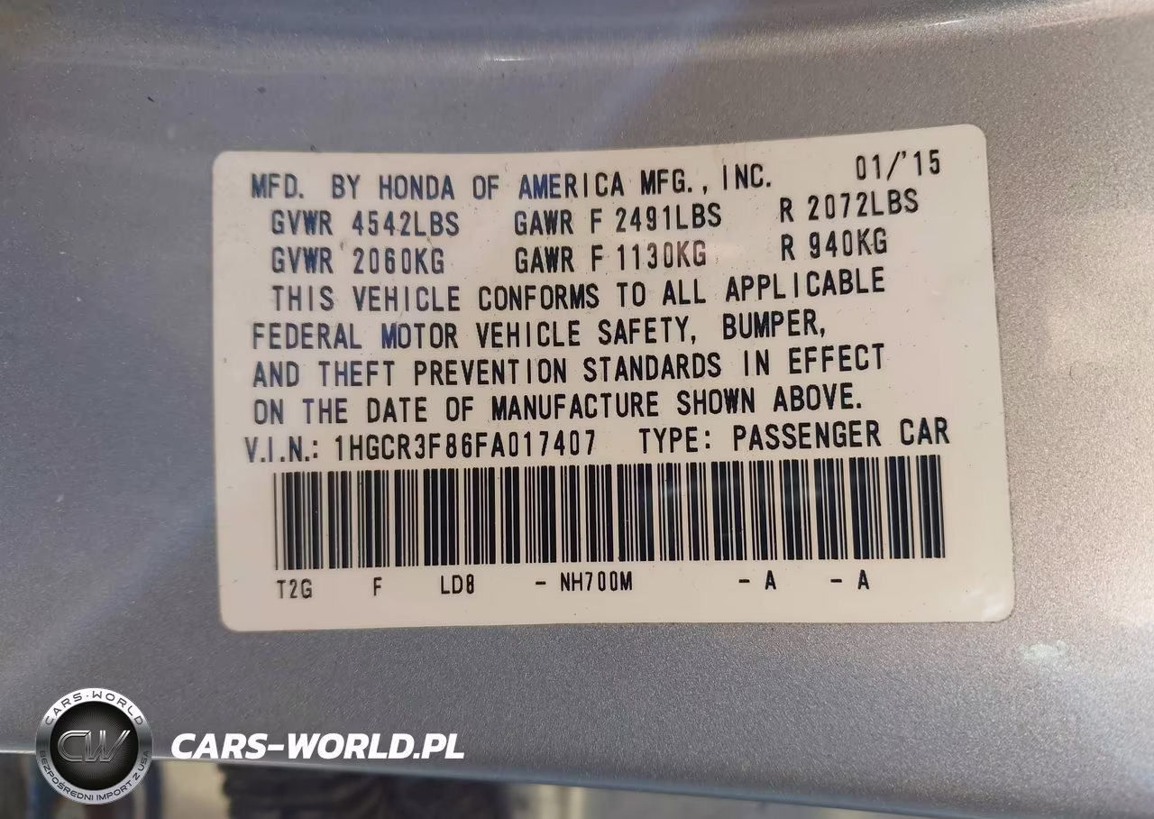 2015 Honda Accord Ex-L V-6 VIN:1HGCR3F86FA017407 - 9