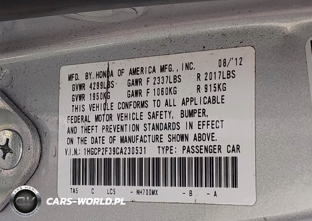 2012 Honda Accord 2.4 Lx VIN:1HGCP2F39CA230531 - 9