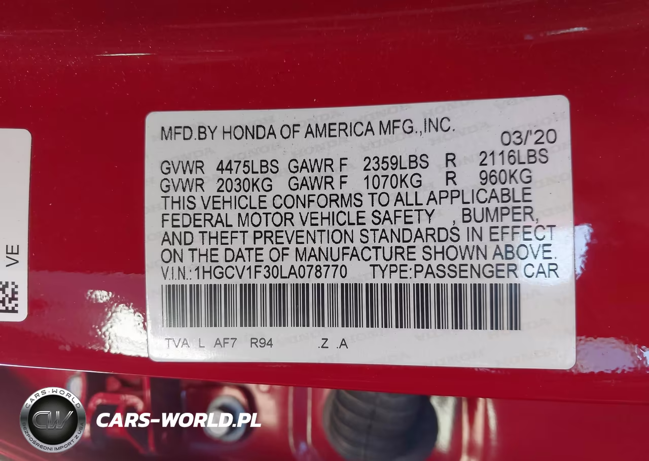 2020 Honda Accord Sport VIN:1HGCV1F30LA078770 - 9