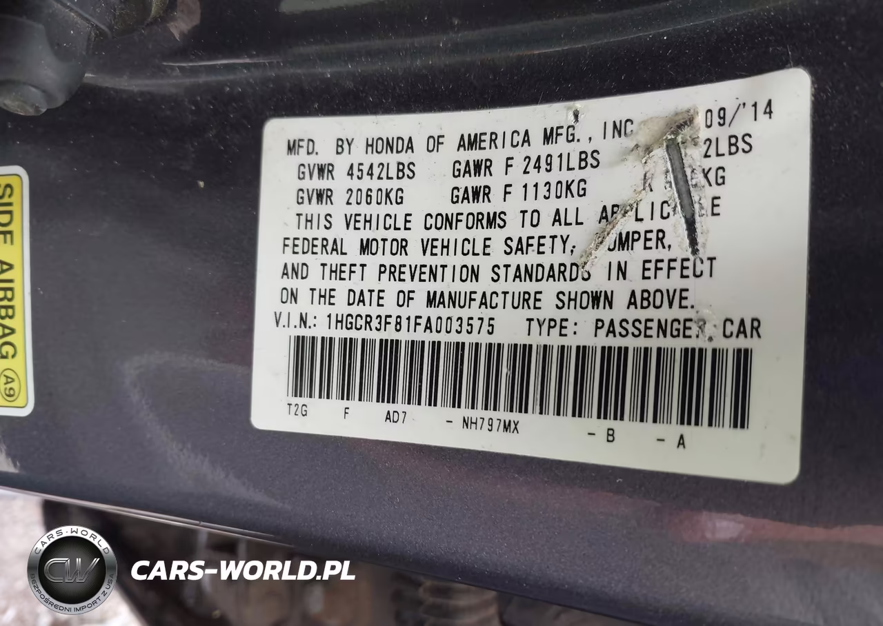 2015 Honda Accord Ex-L V-6 VIN:1HGCR3F81FA003575 - 9