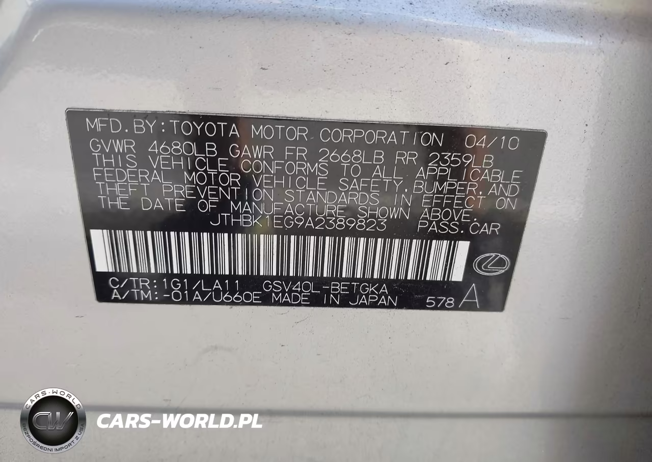 2010 Lexus Es 350 VIN:JTHBK1EG9A2389823 - 9
