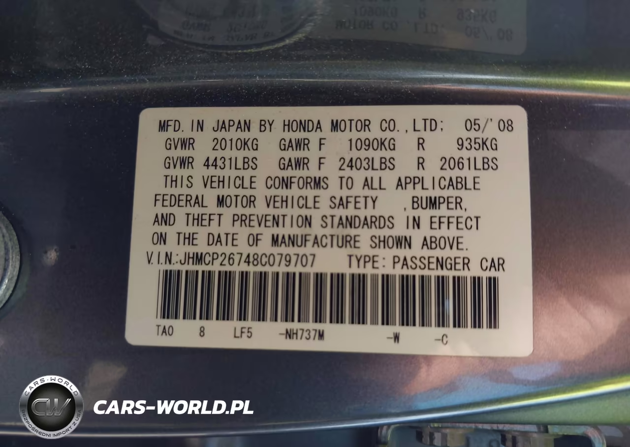 2008 Honda Accord 2.4 Ex VIN:JHMCP26748C079707 - 9
