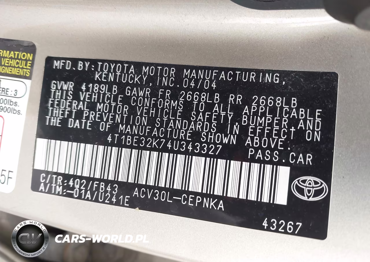 2004 Toyota Camry Le VIN:4T1BE32K74U343327 - 9