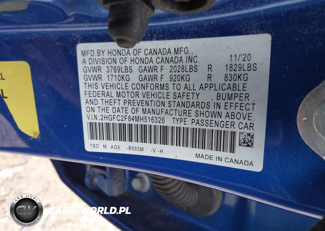 2021 Honda Civic Sport VIN:2HGFC2F84MH516326 - 9