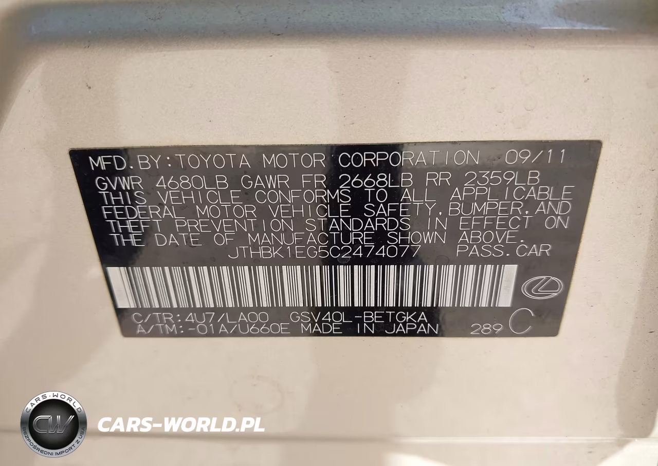 2012 Lexus Es 350 VIN:JTHBK1EG5C2474077 - 9