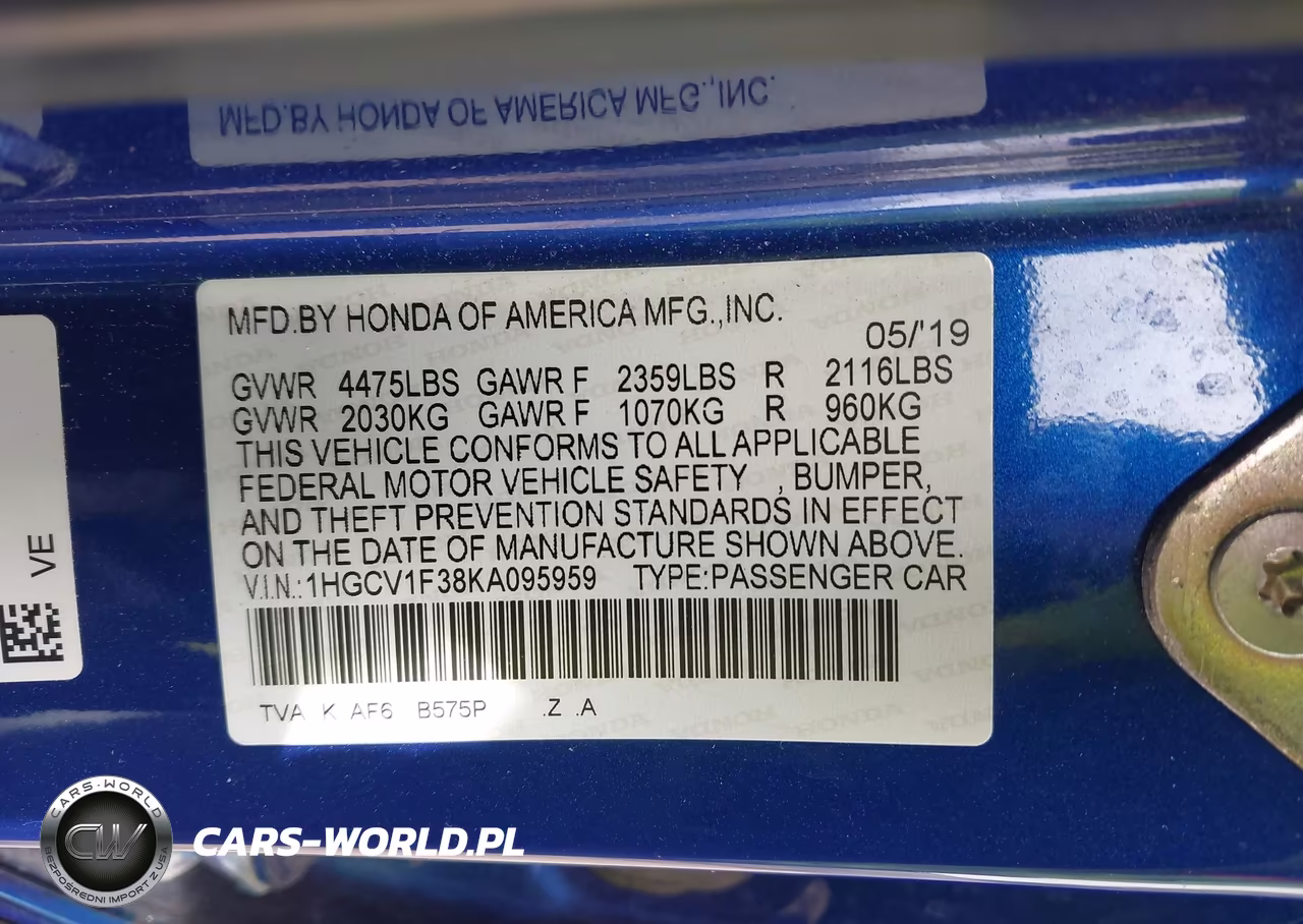 2019 Honda Accord Sport VIN:1HGCV1F38KA095959 - 9