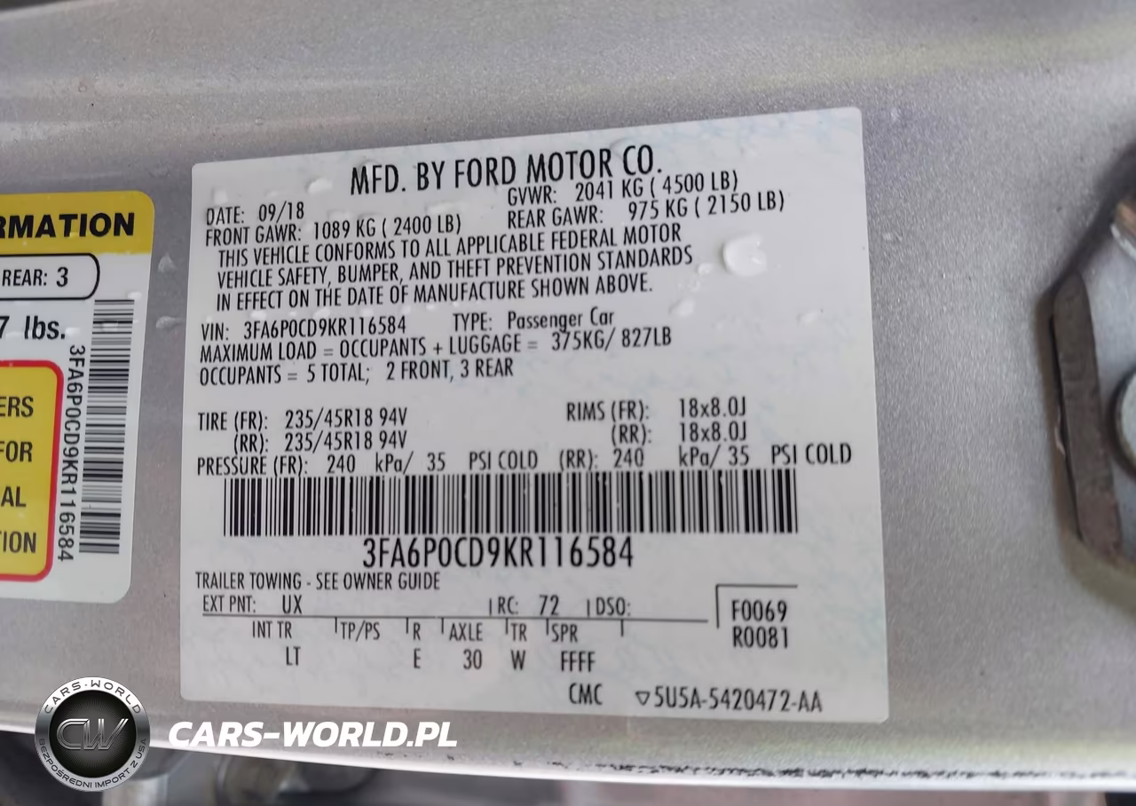 2019 Ford Fusion Sel VIN:3FA6P0CD9KR116584 - 9